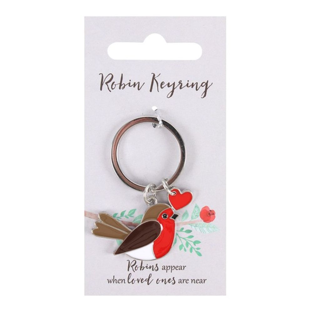 This robin keyring features a heart charm and comes on a card inscribed with, Robins appear when loved ones are near, making it the perfect sentimental gift adorned with a delicate floral design.