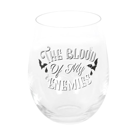 A stemless wine glass featuring dark humour: “The Blood of My Enemies” in bold white lettering, flanked by gothic bat designs for a dramatic touch.