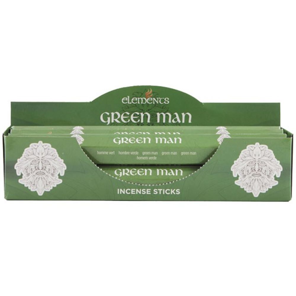 Display box of Elements Green Man incense sticks, featuring a green colour scheme with a white, intricate face design. The name Green Man is prominently displayed multiple times on the packaging. The open box reveals packs inside, each offering a hint of cannabis fragrance for an earthy aroma experience.