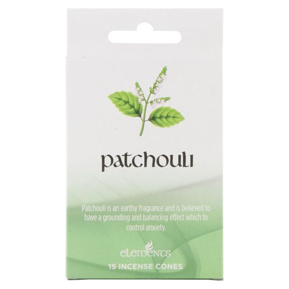 Box of Patchouli incense cones by Elements, featuring an illustration of green leaves. The earthy and balancing scent suggests it helps control anxiety. Includes a free metal cone holder with 15 incense cones for an enhanced calming experience.