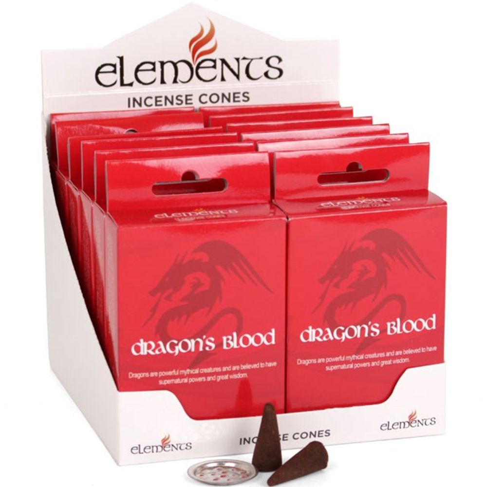 Boxes of Elements brand incense cones, labelled Dragons Blood, are showcased in a sleek white retail tray. Each vibrant red box features a striking dragon illustration. Two dark brown incense cones, perfect for relaxation, sit in front with a small metal holder.