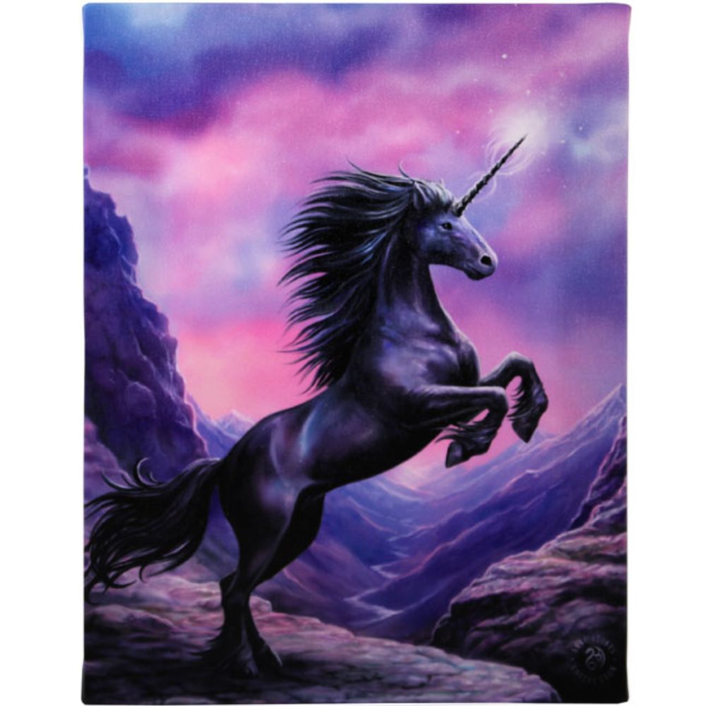 A majestic black unicorn rises onto its hind legs in this Anne Stokes canvas art, set against a mystical landscape with purple and pink skies. Rolling hills and rocky cliffs enhance the magical, dream-like atmosphere.