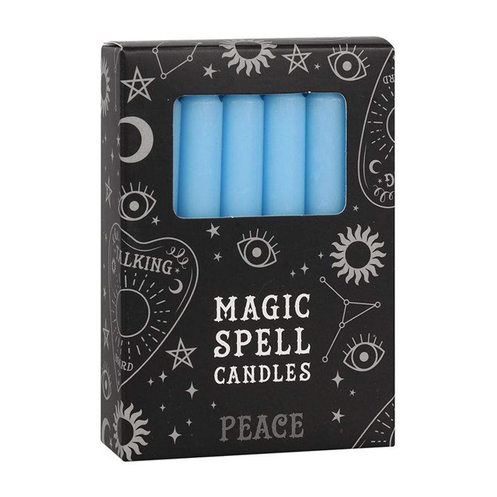 A box of Magic Spell Candles labelled PEACE contains four blue candles ideal for rituals. The packaging, embellished with mystical symbols such as stars, eyes, and crescent moons, sets the tone for some enchanting candle magic.