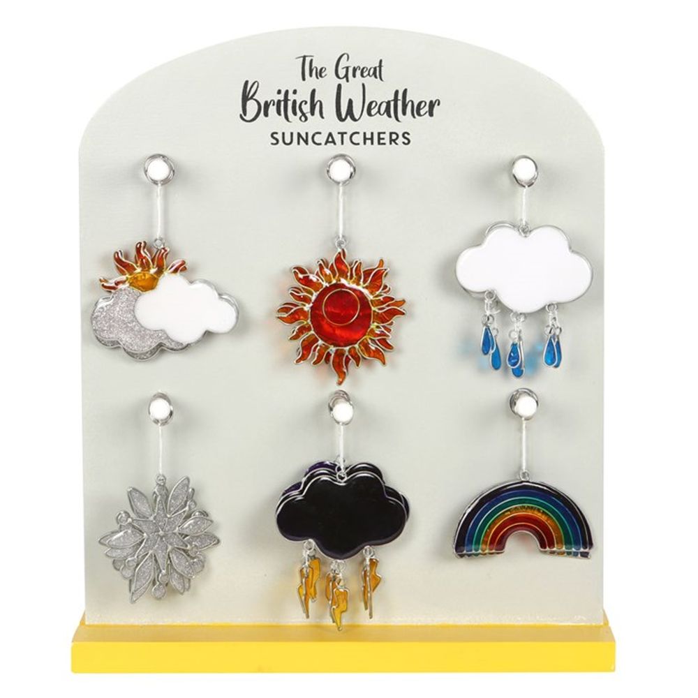 Display of six suncatchers capturing the essence of British weather: sun and cloud, fiery sun, rain cloud, snowflake, storm cloud with lightning, and a rainbow. Perfect garden décor labelled The Great British Weather Suncatchers.