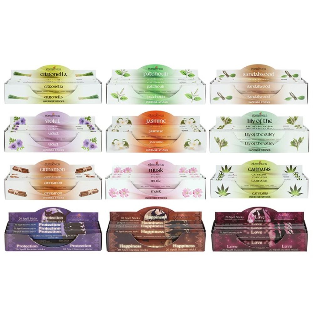 A display of twelve incense stick boxes arranged in three rows, each labelled with unique scents and floral blends for protection, happiness, and love. Packaged dimensions make this set ideal for gifting or storage.