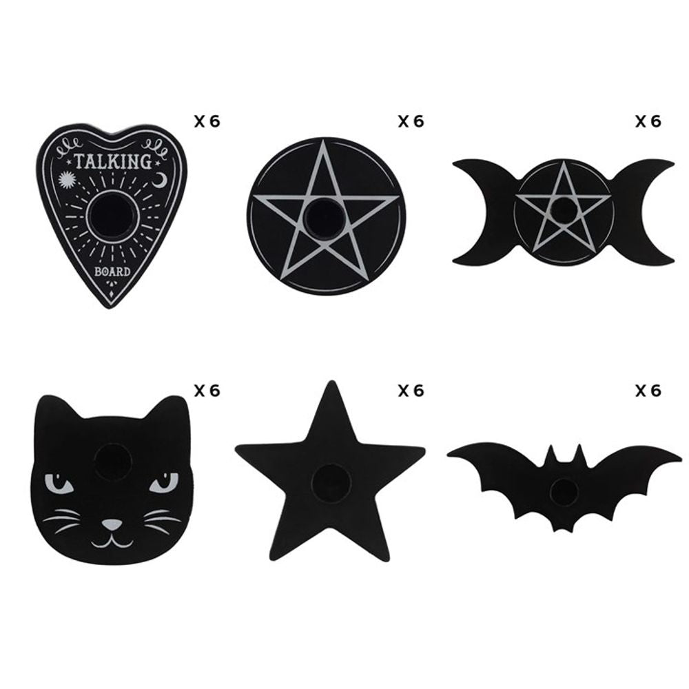 A collection of black, flat tabletop planchettes perfect for adding mystique to your Black Magic rituals. Designs include a heart with Talking Board, circle and crescent moons with pentagrams, cat face, star, and bat. Each enchanting design comes in a set of six pieces.
