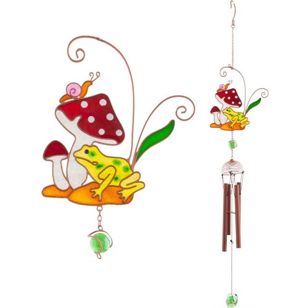 A colourful, handcrafted wind chime with a stained glass effect features a toadstool design, green and yellow frog, pink snail, and brown chimes, all accented with green glass beads.