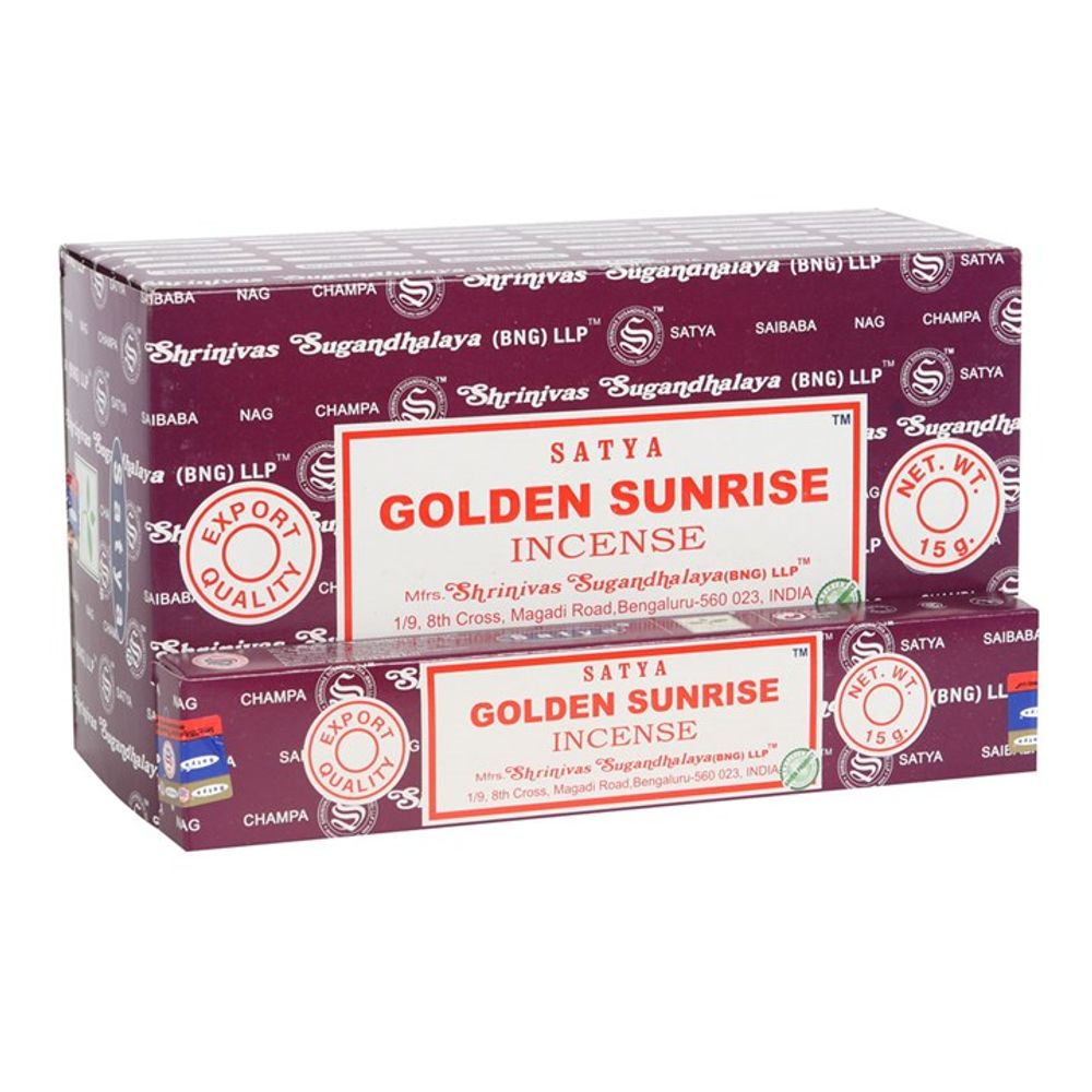 Box of Satya Golden Sunrise handmade incense sticks in maroon packaging with white and gold text. Features brand logo and quality seal. Vegan-friendly, made by Shrinivas Sugandhalaya. Batch and location details printed on the box.
