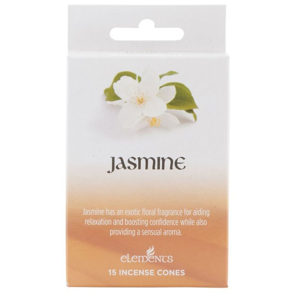 Elements offers a box of Jasmine incense cones, featuring a white background decorated with jasmine flowers. The elegant font reads Jasmine, highlighting its soothing and confidence-boosting aroma. Perfect for use with your favourite incense holder.