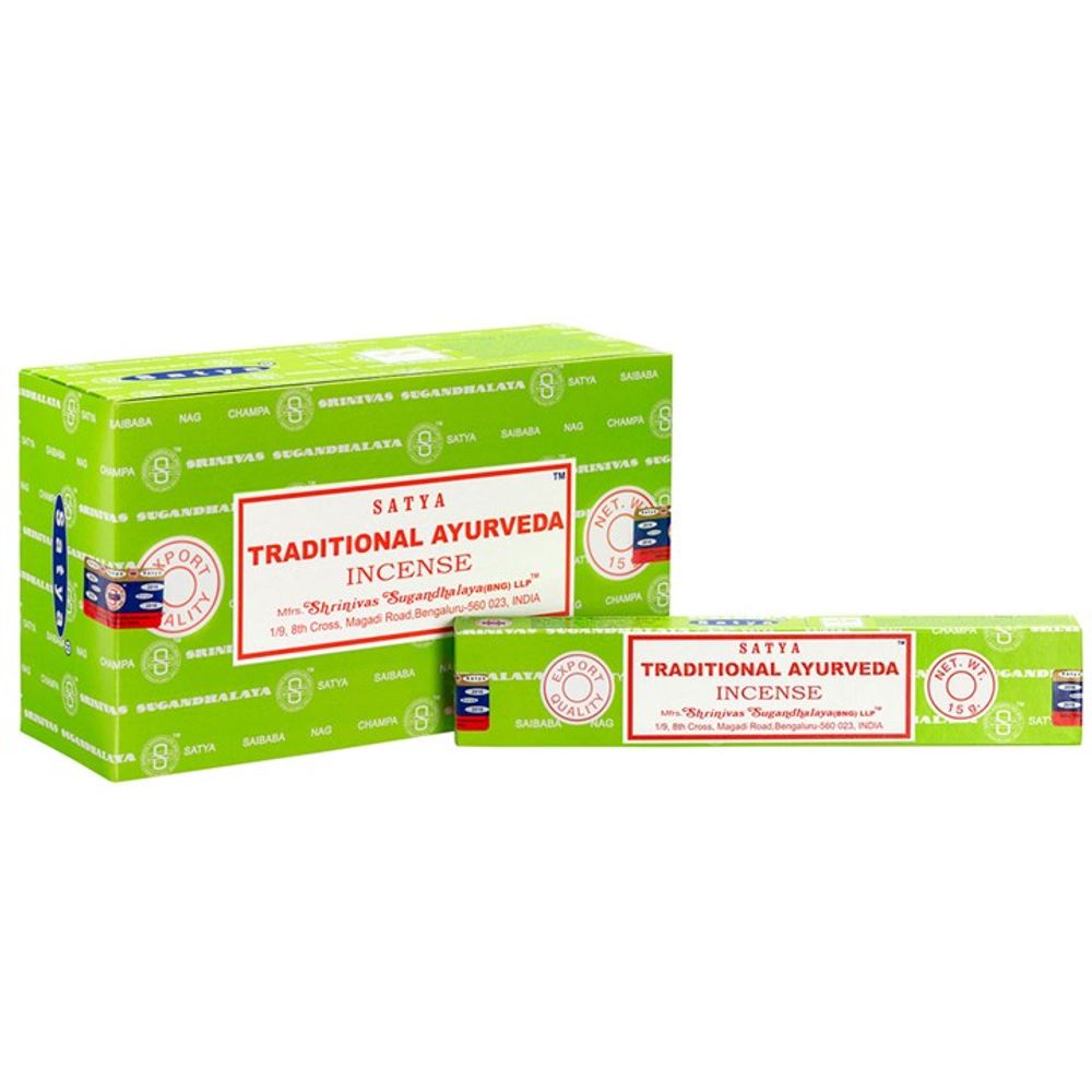A green box and a matching rectangular package labelled Satya Traditional Ayurveda, featuring herbal incense that is vegan-friendly. Both display the Satya logo and gold and red accents against a plain white background.