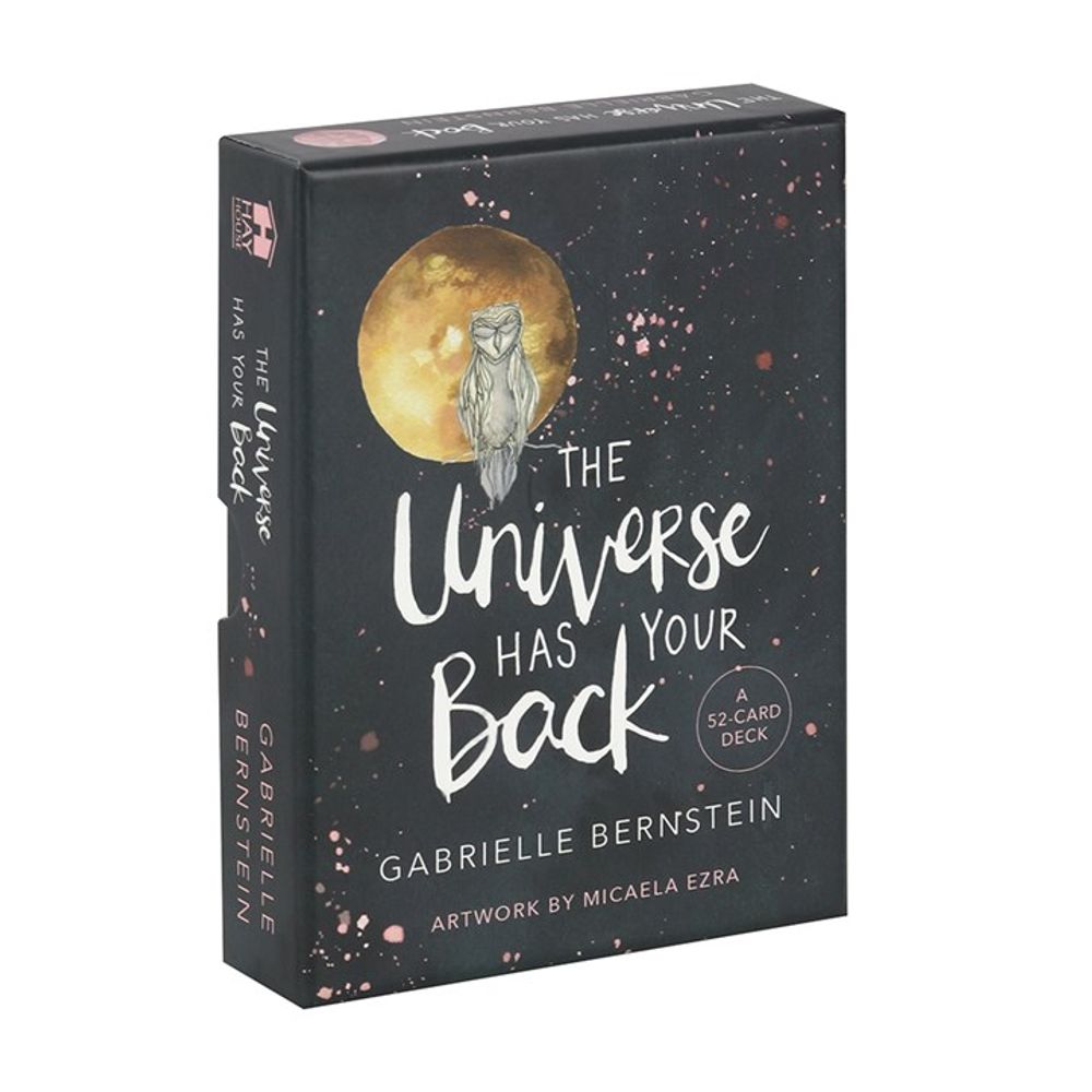 Box of The Universe Has Your Back Oracle card deck by Gabrielle Bernstein, featuring artwork by Micaela Ezra. The box depicts an owl perched on a branch against a moonlit night sky, providing spiritual guidance amidst scattered pink stars.