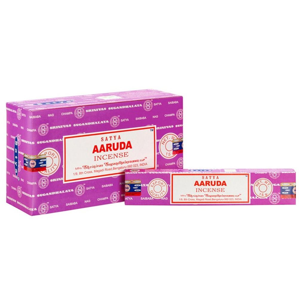 Image of two boxes of Satya Aaruda incense. The larger, purple box with circular logos and vibrant text features Shrinivas Sugandhalayas Aaruda. A smaller box, with a similar design, sits in front. Enjoy the vegan-friendly floral scent of Satya incense.