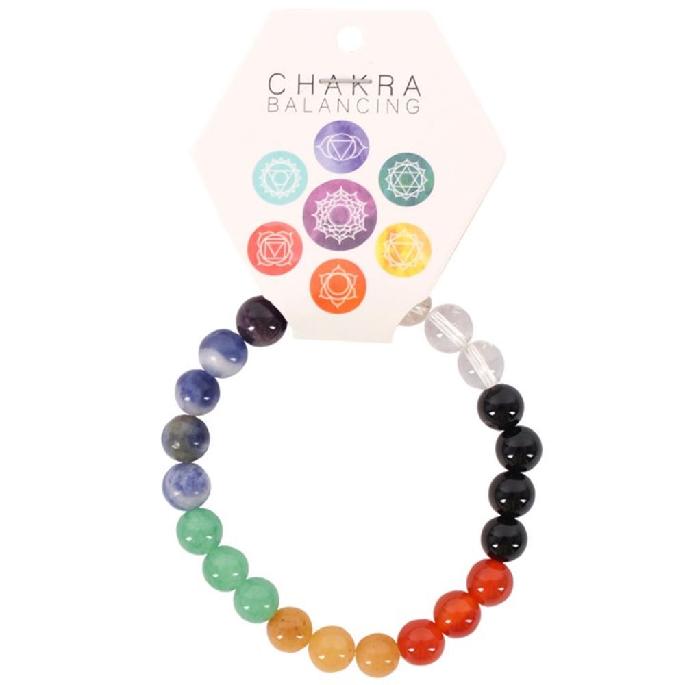 A beaded chakra bracelet featuring round stones in the colours of the seven chakras: violet, indigo, blue, green, yellow, orange, and red. It is attached to a hexagonal card labelled CHAKRA BALANCING, adorned with symbols and hues for each chakra. Expertly crafted from bead crystals.