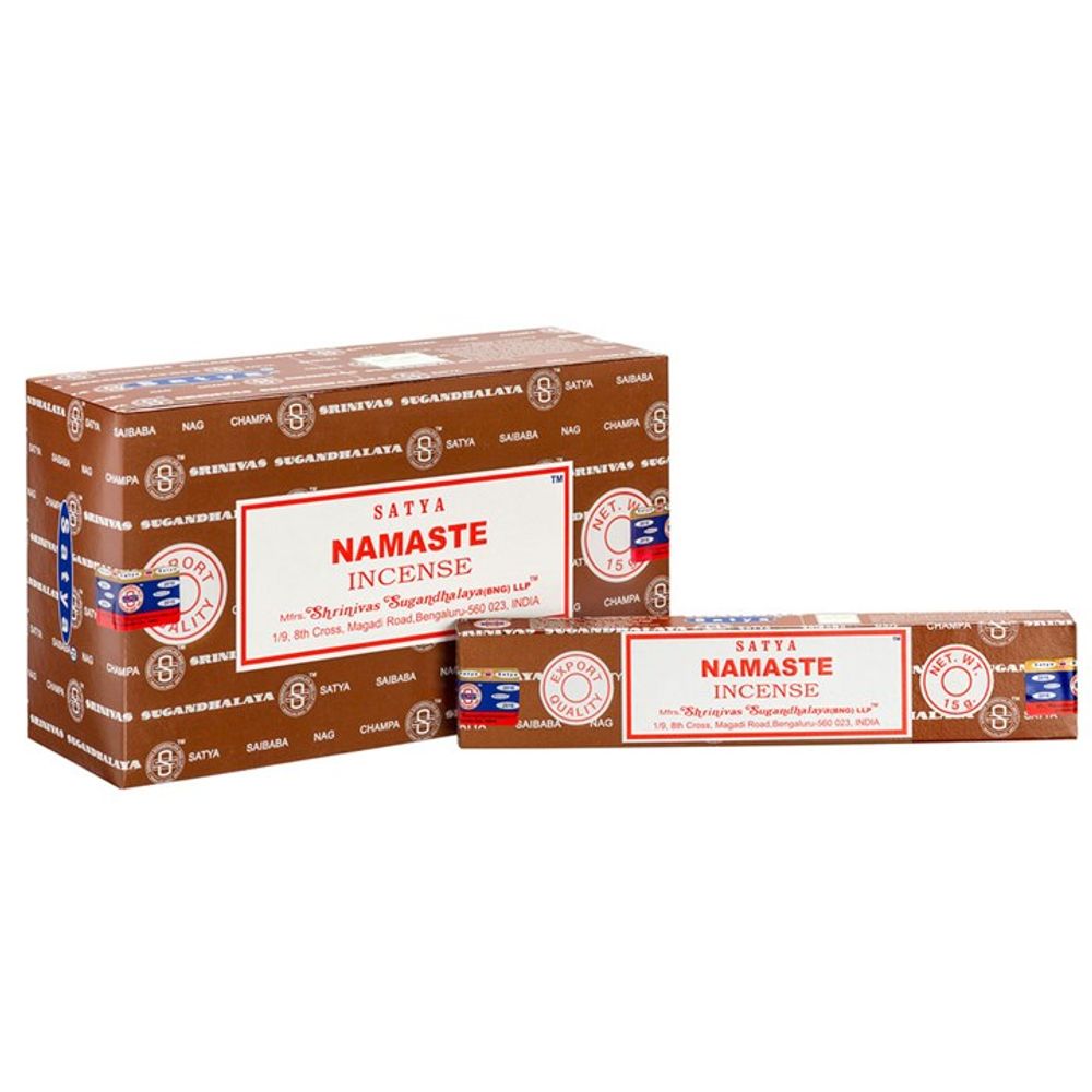Box and smaller packet of Satya Namaste Incense sticks, featuring a brown and white design. The packaging emphasises the Shrivasa Sugandhalaya branding, includes circular logos, and text highlighting its handmade artisan origin from India. Both items are standing upright.