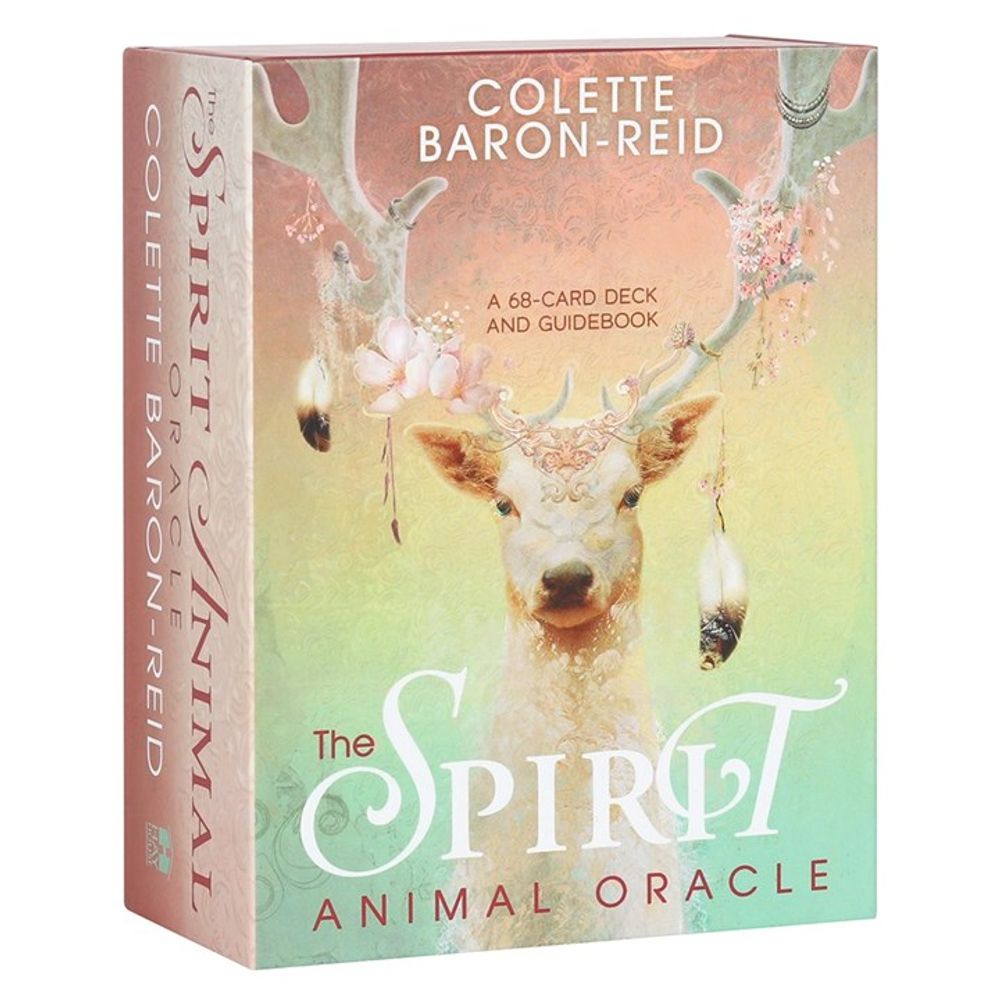 The image showcases a boxed set of The Spirit Animal Oracle by Colette Baron-Reid. It features a mystical deer with decorated antlers against a pastel background. This oracle card deck includes 68 cards and a guidebook to explore your animal spirit companions.
