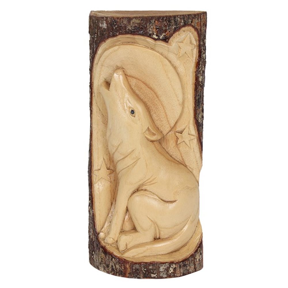 Hand-carved wolf design wall plaque featuring a howling wolf against a crescent moon and stars. Set within a vertical log, it’s perfect for enhancing vertical wall spaces with its intricately smooth centre framed by intact bark edges.