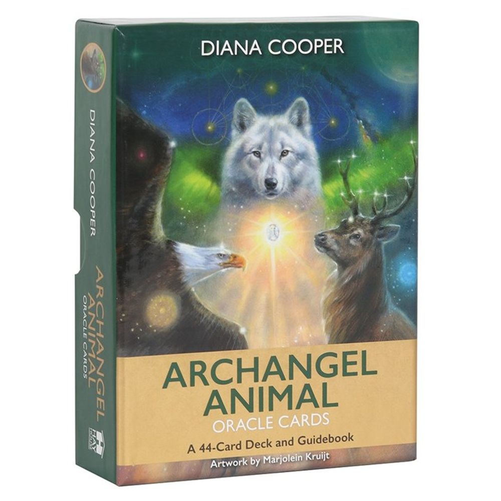 Discover the Archangel Animal Oracle card deck by Diana Cooper. Featuring a wolf, eagle, and stag set against cosmic backdrops, this 44-card deck accompanied by a guidebook offers guidance from animal guides. Artwork by Marjolein Kruijt enhances its ethereal charm.