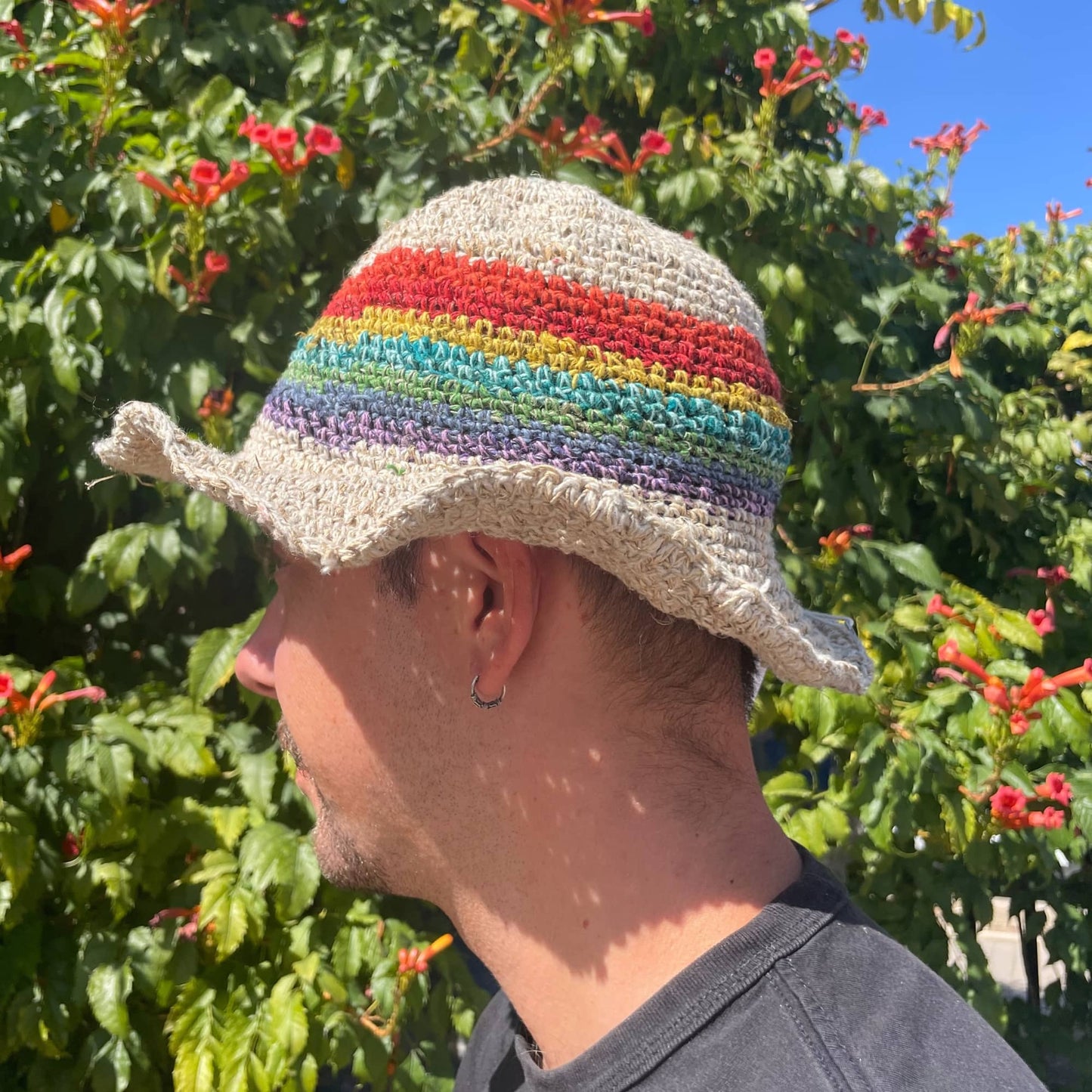 Rainbow Hand-Knited Hemp & Cotton Floppy Hat