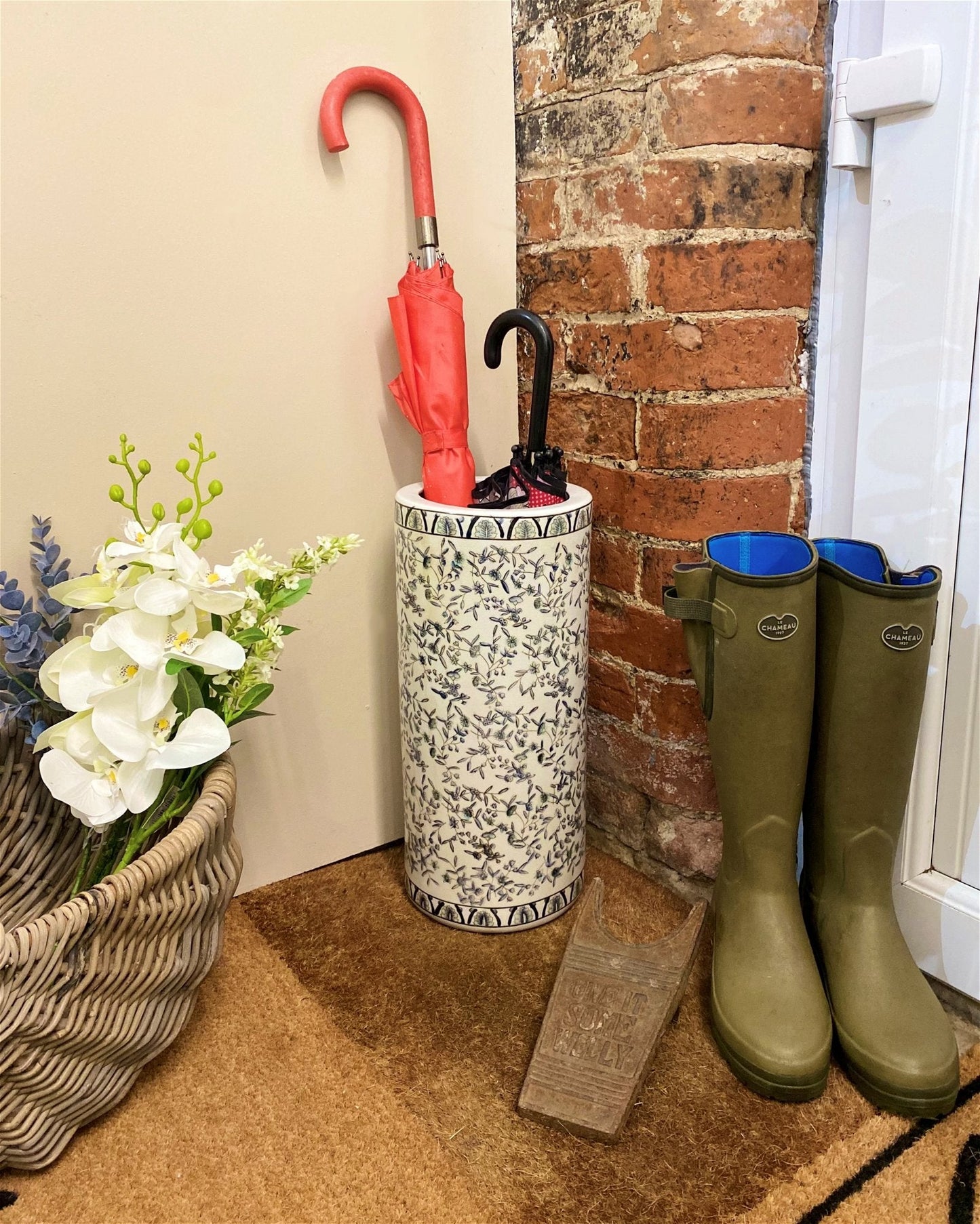 Blue And White Ditsy Print Umbrella Stand