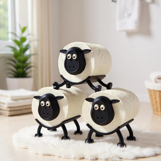 Three decorative sheep figurines with cylindrical cream bodies and black faces are playfully stacked on a soft white rug—a charming British-made storage solution that doubles as a sheep loo roll holder for your eco-friendly bathroom.