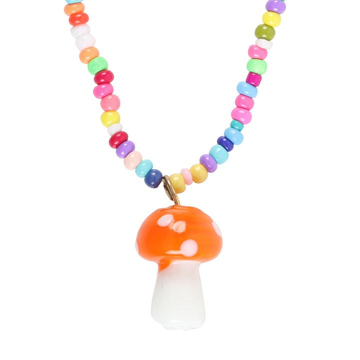 Orange Mushroom Beaded Pendant Necklace