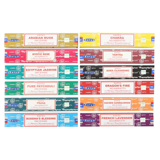 Twelve colourful incense boxes from Satya are arranged in three columns. Each box features distinct labels and colours, offering Satya fragrances with natural ingredients and long-lasting scent, such as Chakra, Jasmine, and Patchouli.