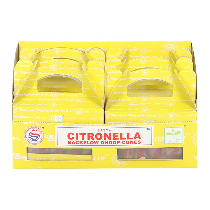 A yellow box of Satya Citronella Backflow Incense Cones featuring two compartments with handles, branded logos, and mosquito-repellent product information displayed prominently on the front label.