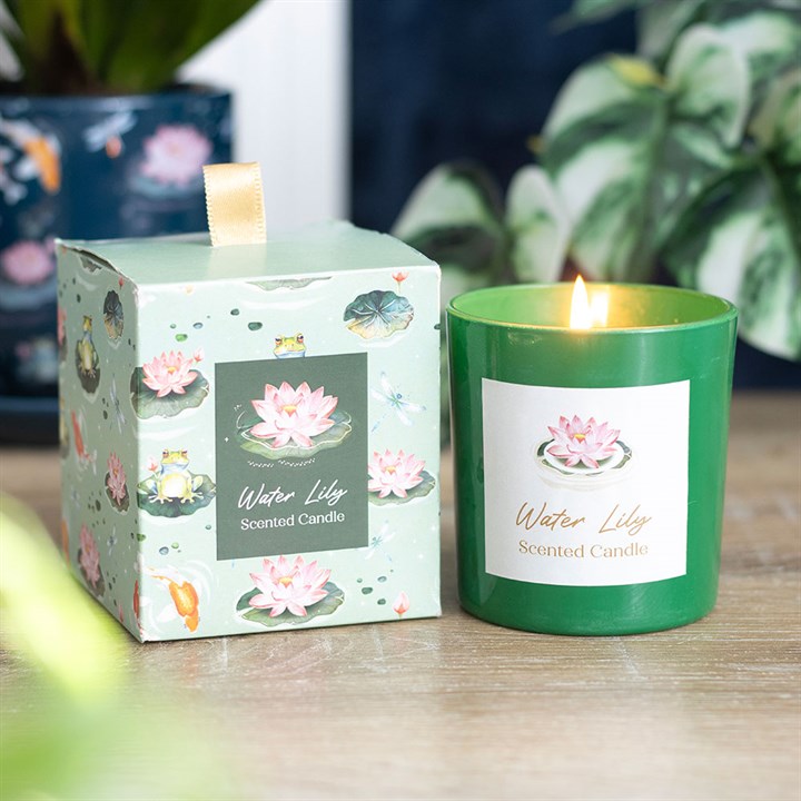 A water lily-scented candle in an elegant green glass holder burns beside its matching box, both on a wooden surface with potted plants in the background—a perfect addition to your relaxation ritual.