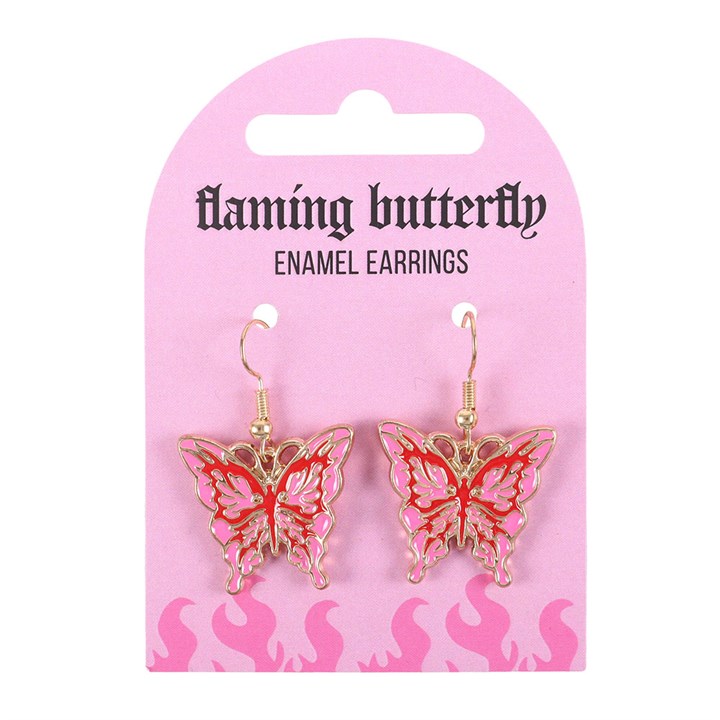 A pair of pink and red Y2K-style butterfly earrings are displayed on a pink card reading flaming butterfly ENAMEL EARRINGS in black text, with a flame motif along the bottom edge.