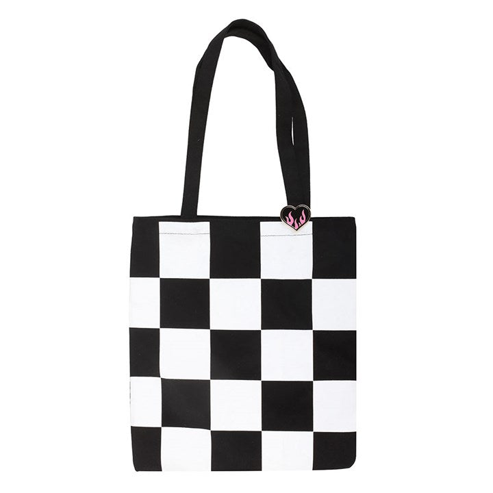Checkerboard Print Polycotton Tote Bag with Enamel Heart Pin Badge