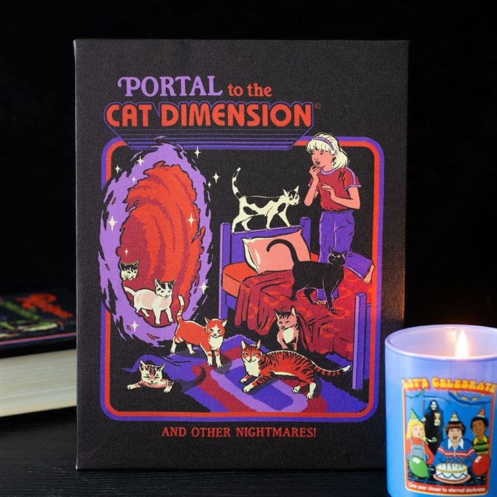 A canvas print in the style of Steven Rhodes depicts a girl and some cats near a swirling orange portal, with the text: “PORTAL to the CAT DIMENSION AND OTHER NIGHTMARES!” A perfect retro gift, accompanied by a lit candle beside it.