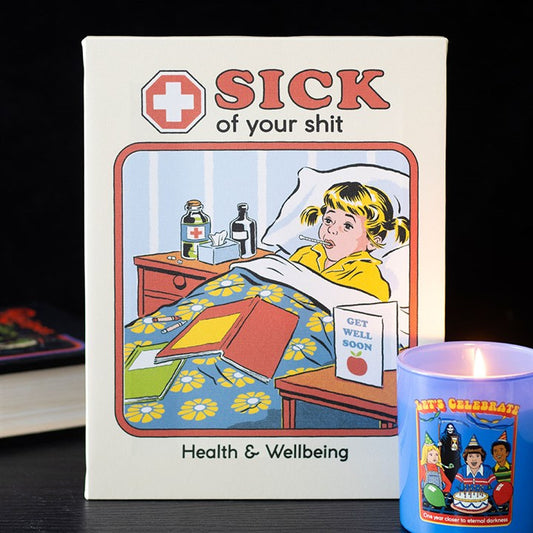 A card features an ill girl in bed with medicine and a Get Well Soon card. The text reads SICK of your shit and Health & Wellbeing, ideal for retro gift enthusiasts. A lit candle with cartoon faces sits in front.
