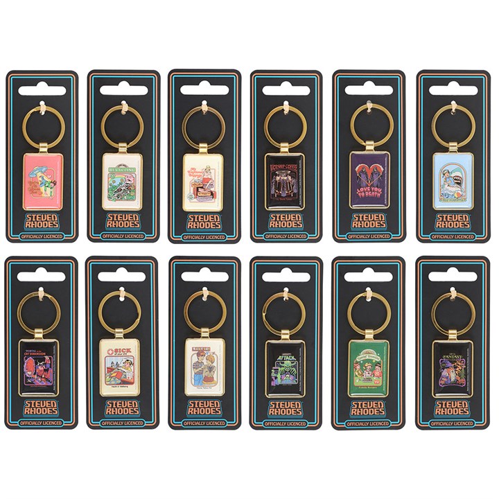 Twelve Steven Rhodes enamel keyrings in packaging, each featuring a unique retro-style illustration, are arranged in three rows of four—ideal retro gifts with black and blue packaging and gold rings attached.