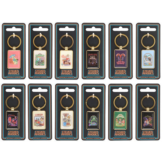 Twelve Steven Rhodes enamel keyrings in packaging, each featuring a unique retro-style illustration, are arranged in three rows of four—ideal retro gifts with black and blue packaging and gold rings attached.