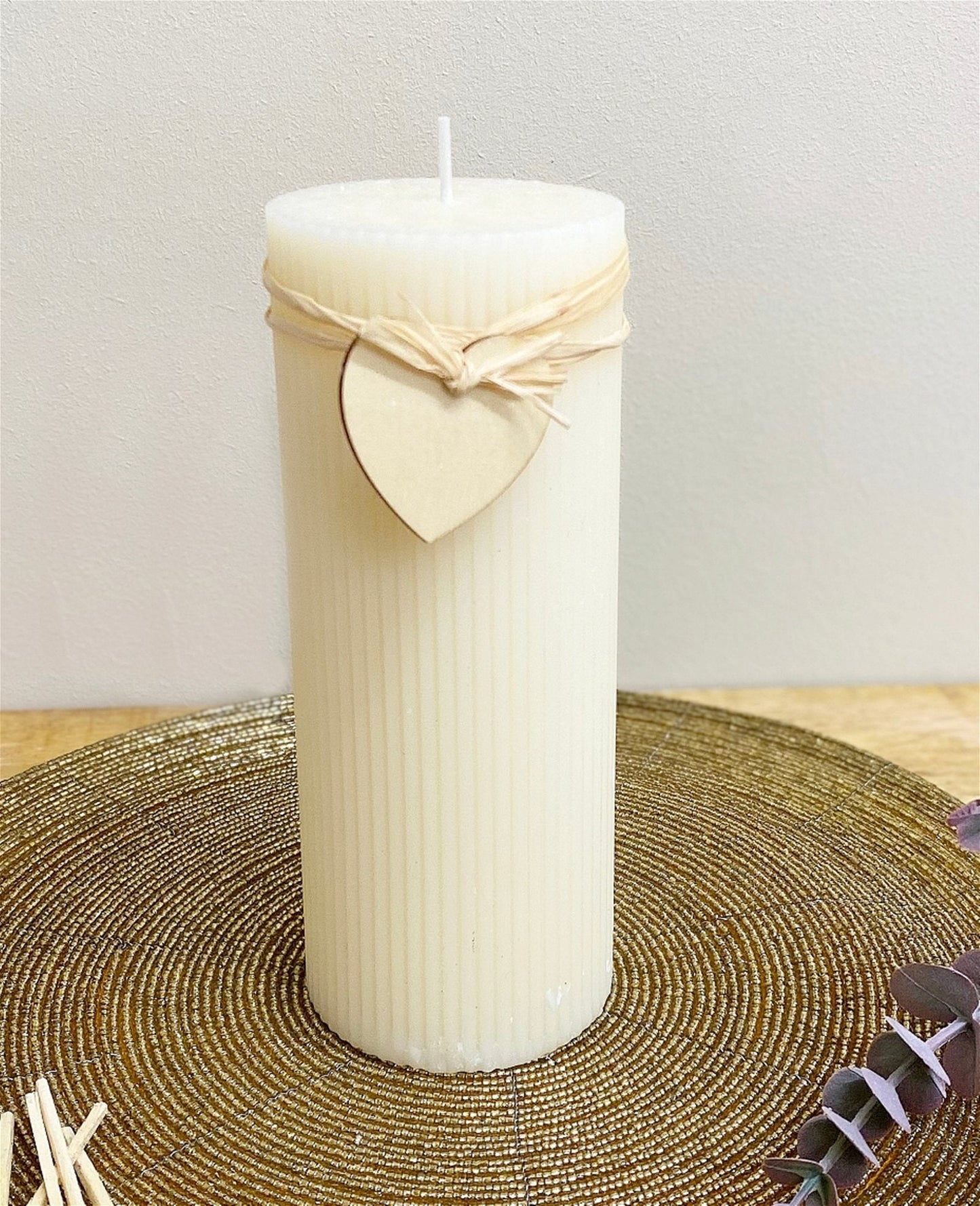 Large Cream Ridged Pillar Candle with Heart Decoration