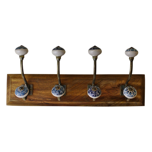 4 Double Ceramic Peacock Design Coat Hooks On Wooden Base