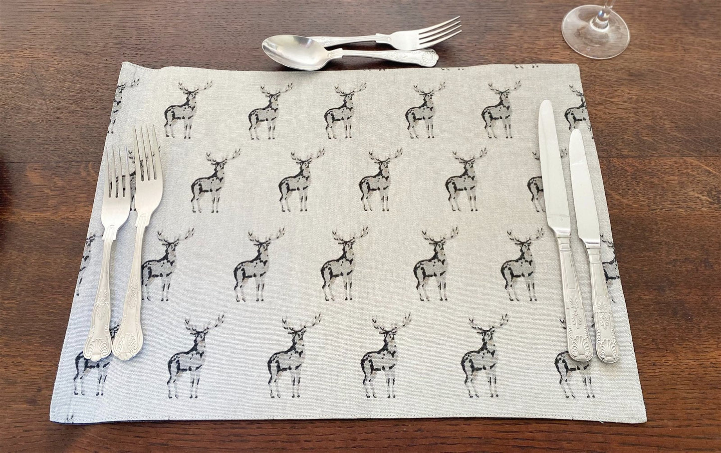 Set of 2 Grey Stag Print Fabric Place Mats