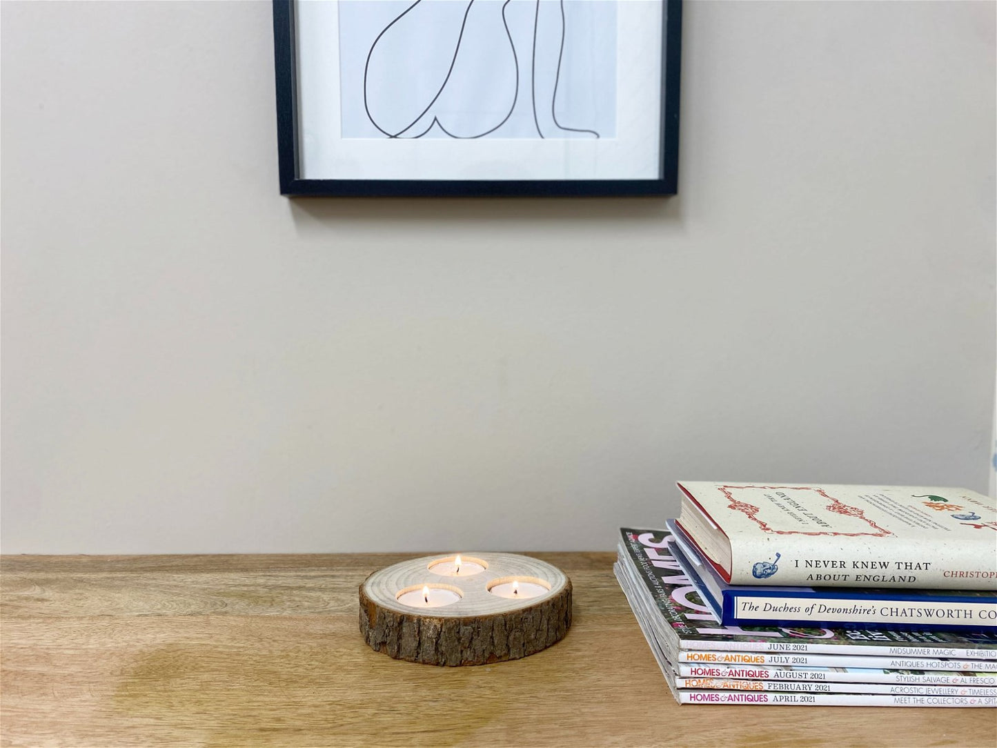 Wooden Triple Tealight Holder with Bark Detail