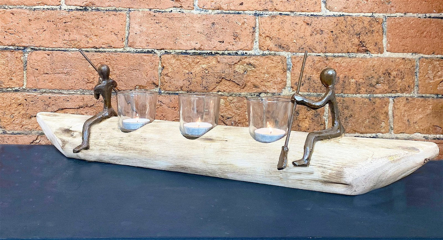 Three Tea Light Holder With Bronze Men Rowing