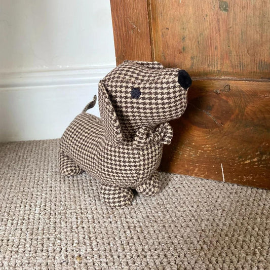 Brown Herringbone Fabric Sausage Dog Doorstop