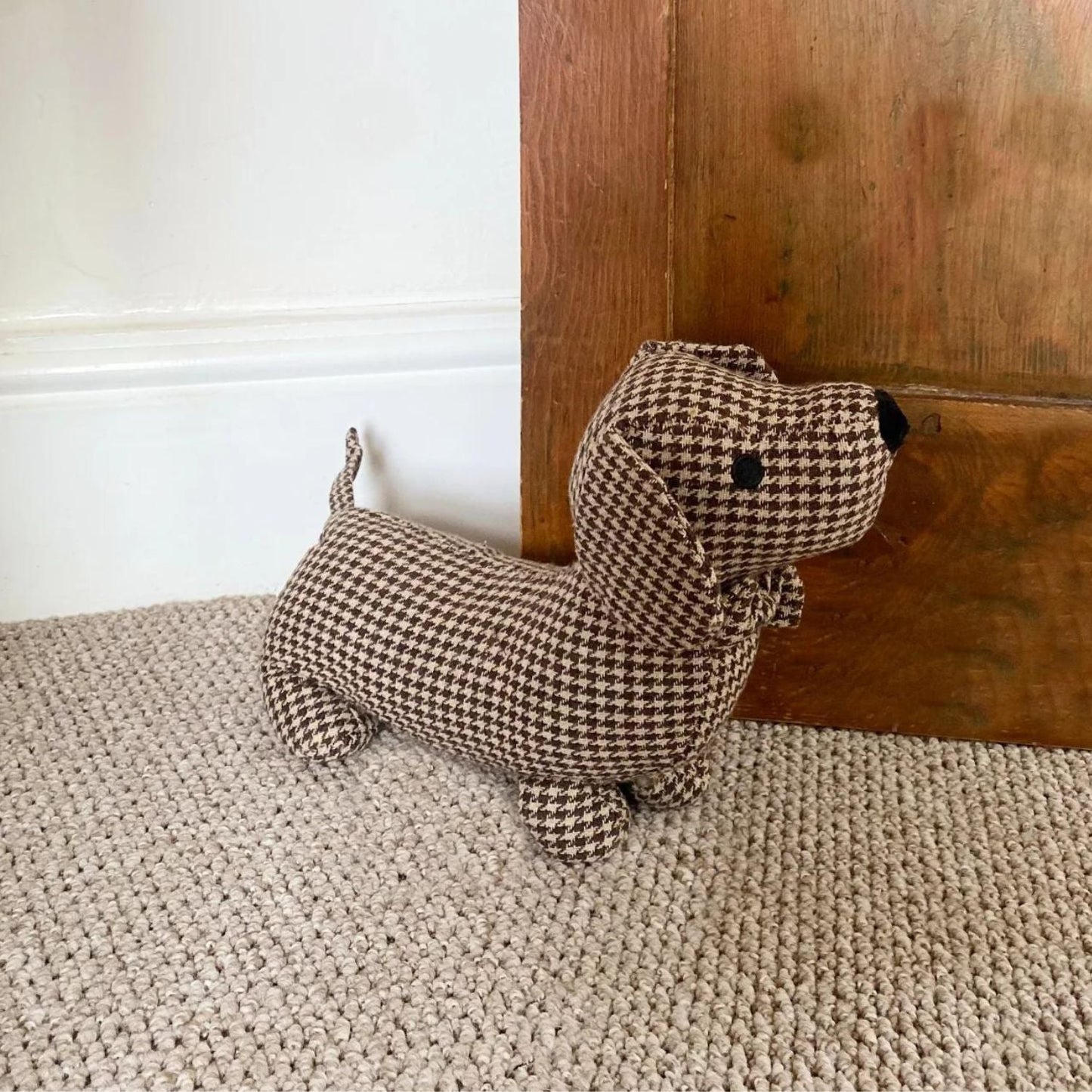 Brown Herringbone Fabric Sausage Dog Doorstop