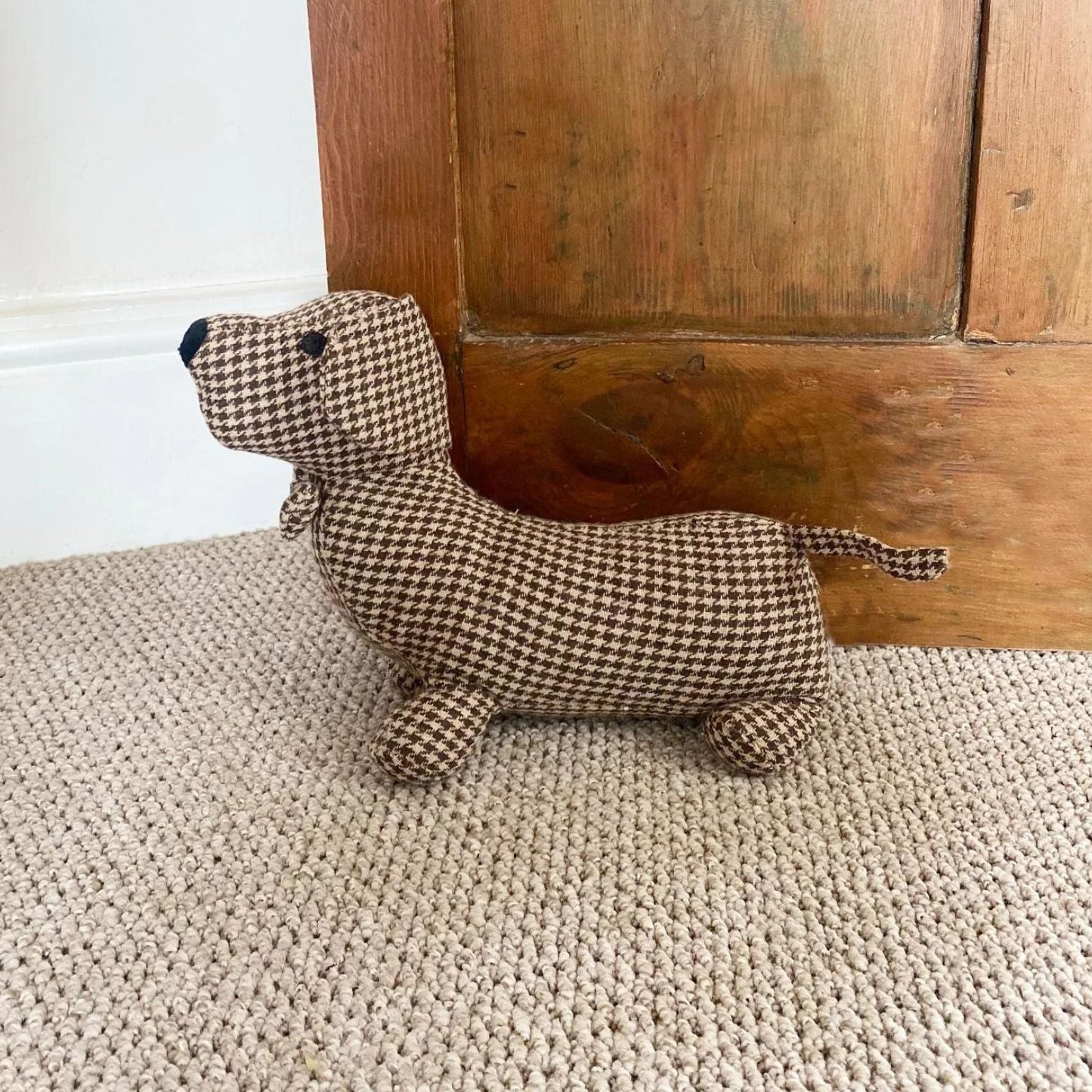 Brown Herringbone Fabric Sausage Dog Doorstop