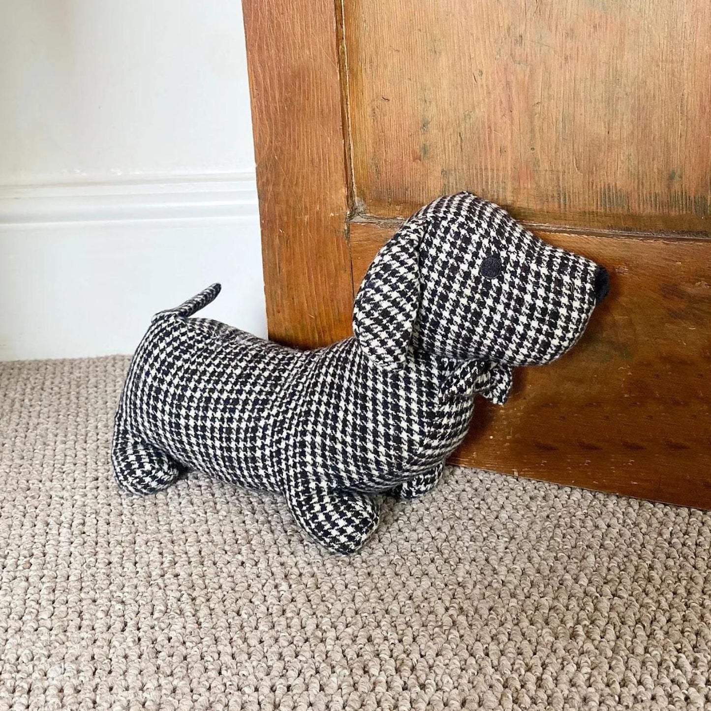 Grey Herringbone Fabric Sausage Dog Doorstop