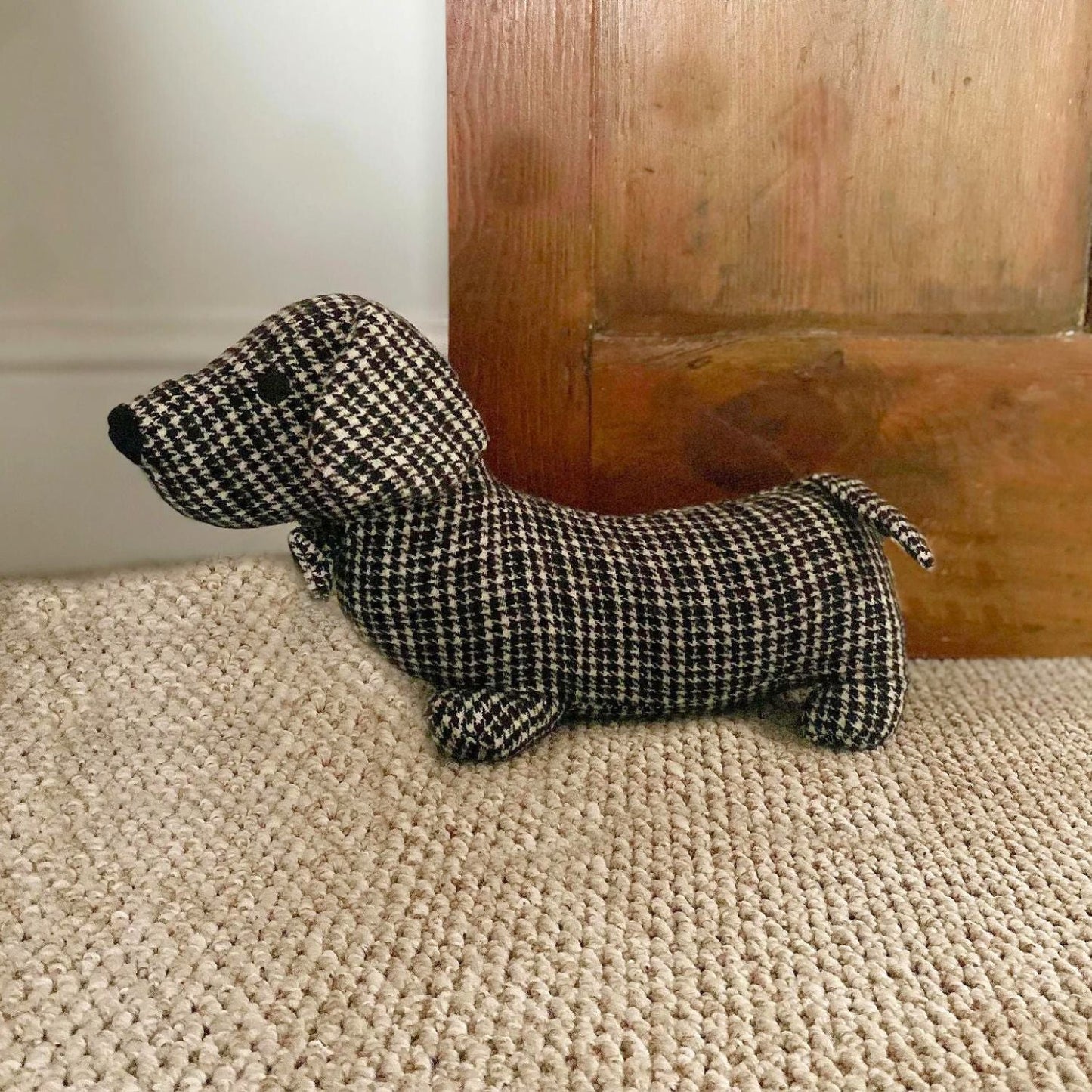 Grey Herringbone Fabric Sausage Dog Doorstop