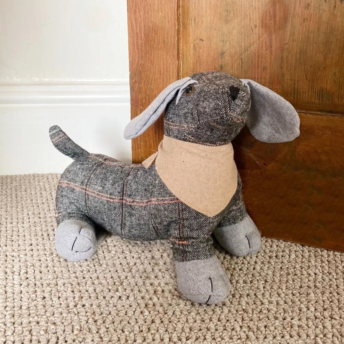 Tartan Fabric Sausage Dog Doorstop with Natural Bandana