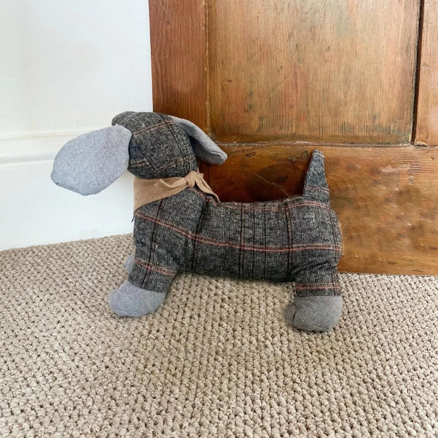 Tartan Fabric Sausage Dog Doorstop with Natural Bandana