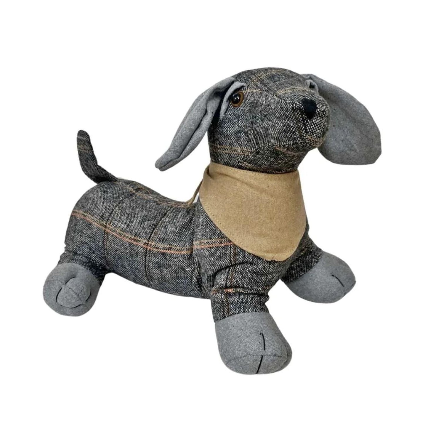 Tartan Fabric Sausage Dog Doorstop with Natural Bandana