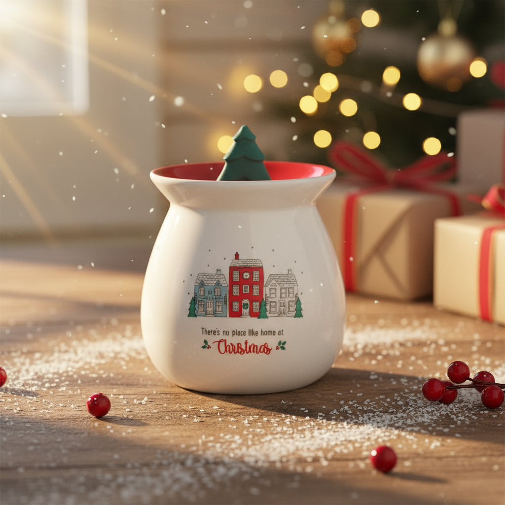 A white ceramic jar with a red rim and a green Christmas tree-shaped lid handle, ideal as a festive ceramic wax warmer. Decorated with houses and "There's no place like home at Christmas" in bright colours.