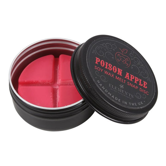A black tin labelled “Poison Apple Soy Wax Melt Snap Disc” is slightly open, showing a red, quartered disc inside. This vegan soy wax Poison Apple wax melt is handmade in the UK—ideal for a hint of gothic home fragrance.