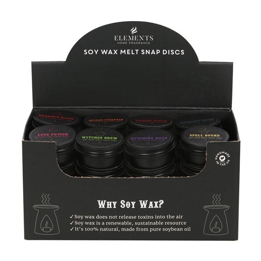 A black display box labelled ELEMENTS HOME FRAGRANCE SOY WAX MELT SNAP DISCS holds six jars with labelled lids. Enjoy long-lasting fragrance from these vegan soy wax melts—natural, renewable, and toxin-free.